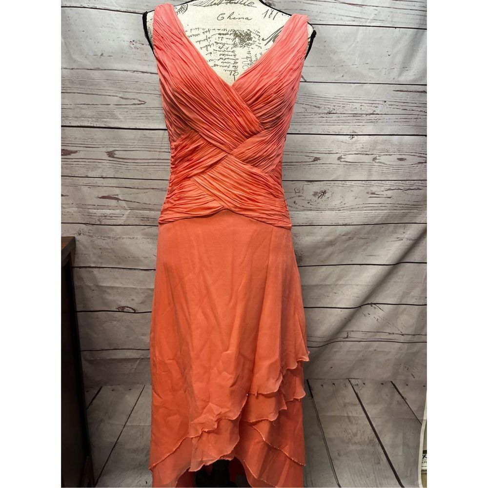 Destinations Mon Cheri Coral Silk Pleated Ruched Handkerchief Hem Dress 6